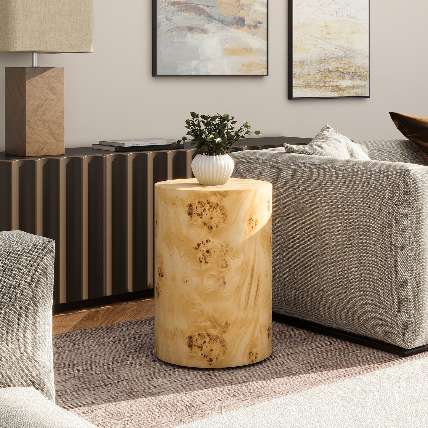 Nebula 22-in Accent Pillar Side Table in warm natural brown burl wood by HouseOfZazla on Tampa Home & Garden Store