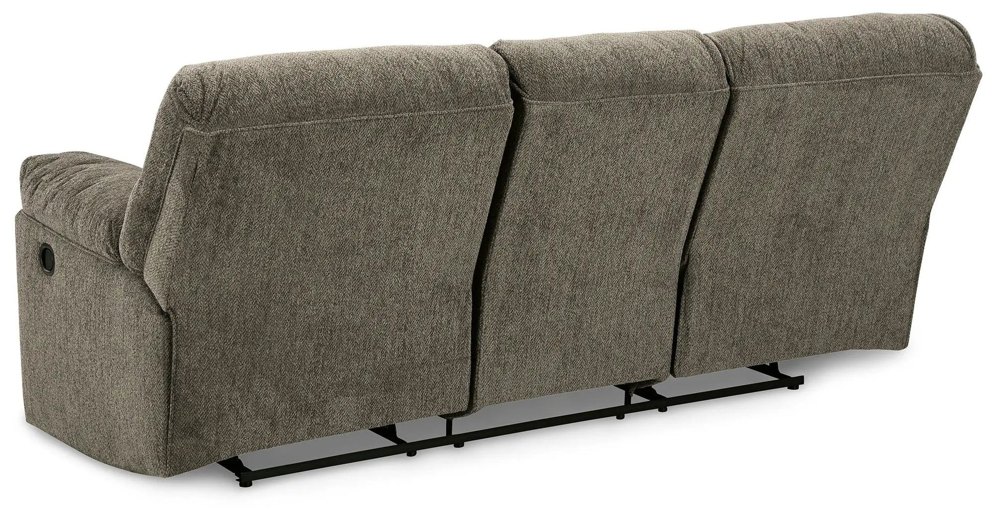 Alphons three-seat power reclining sofa in taupe textured fabric with a metal track base on Tampa Home & Garden Store
