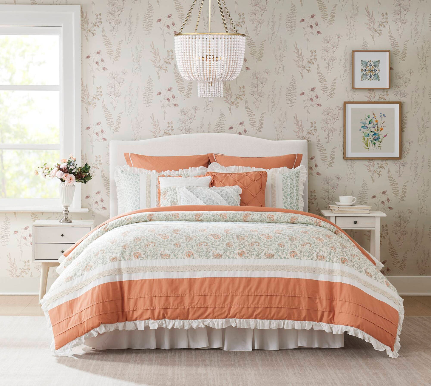 9 Piece Cotton Percale Coral Queen Comforter Set with quilted comforter and ruffle on Tampa Home & Garden Store