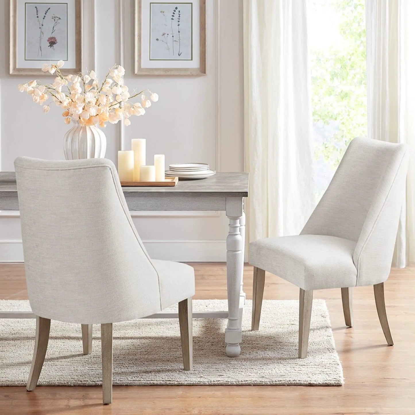 Comfortable upholstered dining chairs set of 2 in light gray fabric with wooden legs on Tampa Home & Garden Store