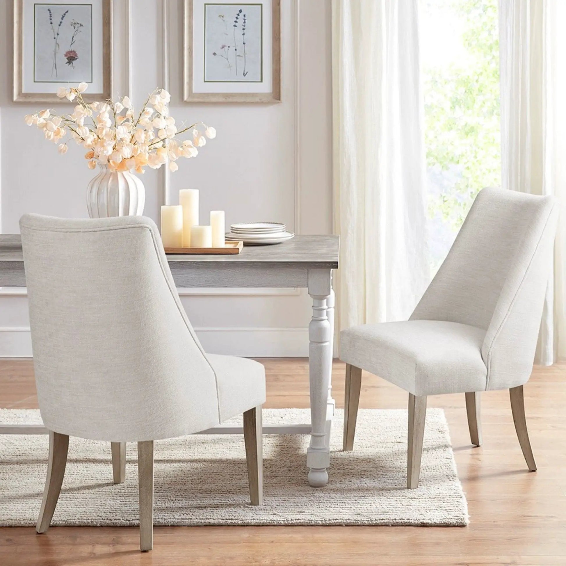 Comfortable upholstered dining chairs set of 2 in light gray fabric with wooden legs on Tampa Home & Garden Store