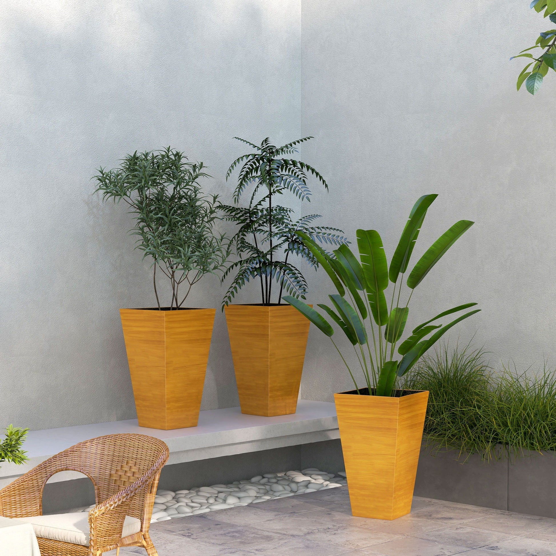 Outsunny set of 3 large tapered planters in faux wood finish with drainage holes for outdoor use on Tampa Home & Garden Store