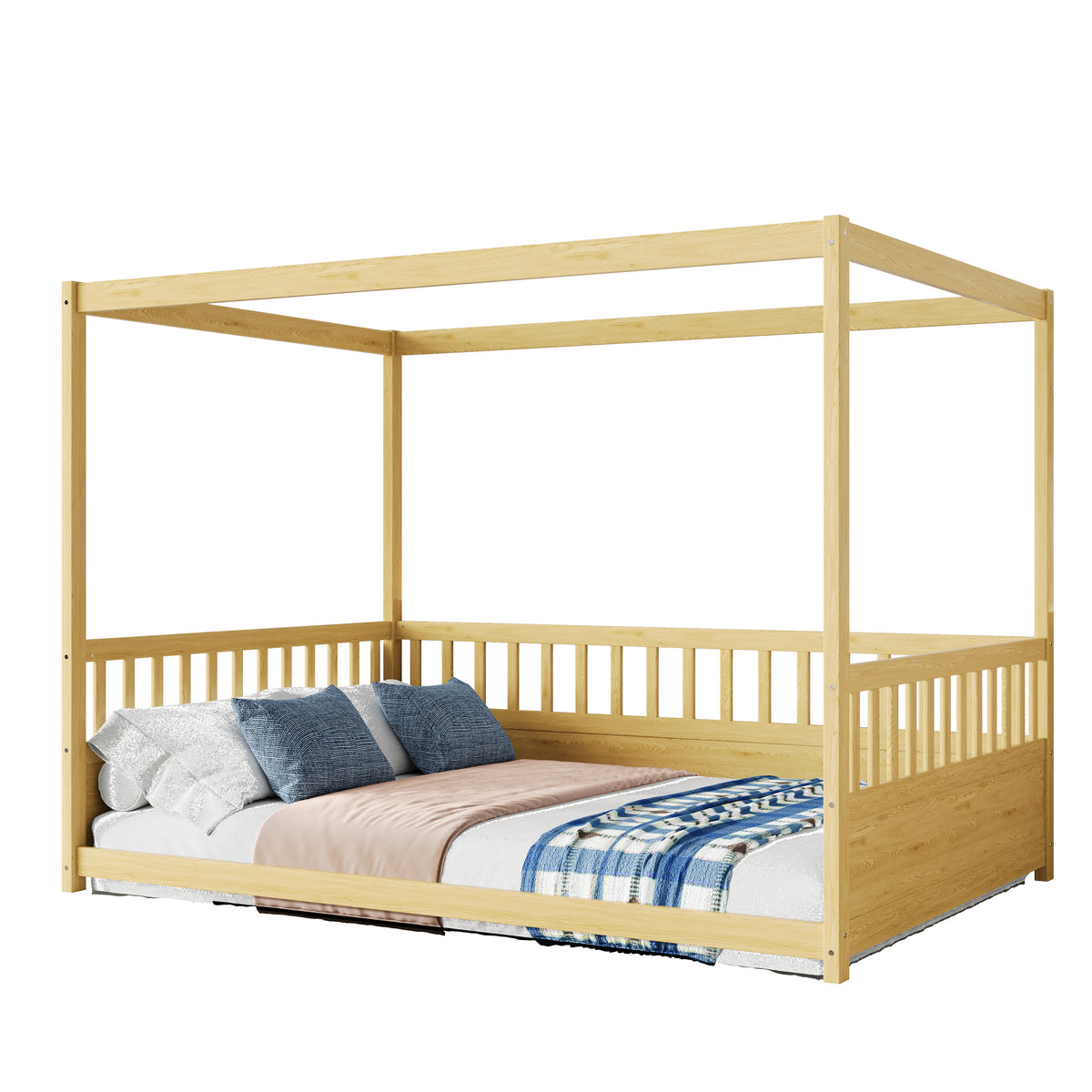 Full size canopy bed frame with guardrails in natural wood finish by HouseOfZazla on Tampa Home & Garden Store