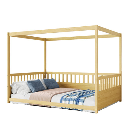 Full size canopy bed frame with guardrails in natural wood finish by HouseOfZazla on Tampa Home & Garden Store