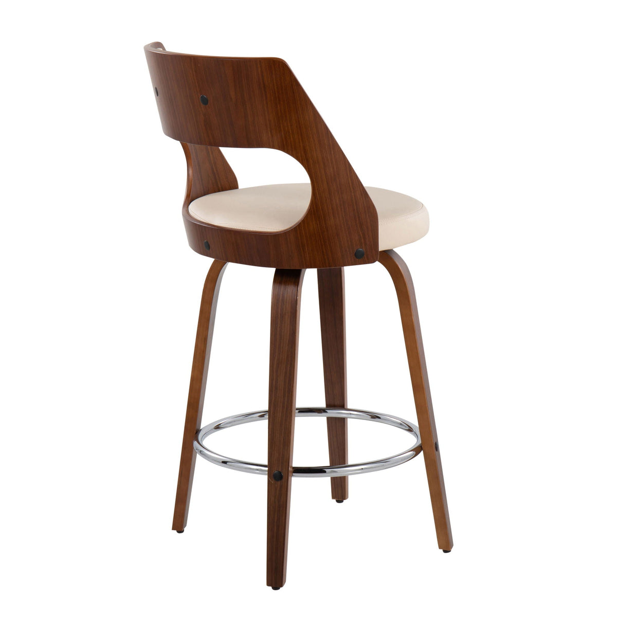 Mid-Century modern counter stool, dark wood, beige cushioned seat, swivel with chrome footring on Tampa Home & Garden Store