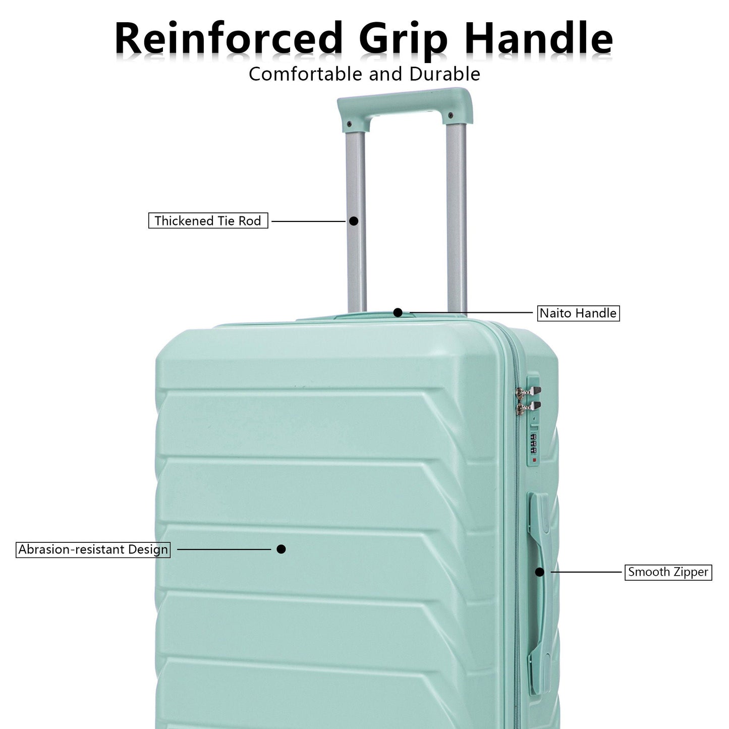 Mint-green hard-shell spinner luggage with handle and abrasion-resistant design on Tampa Home & Garden Store