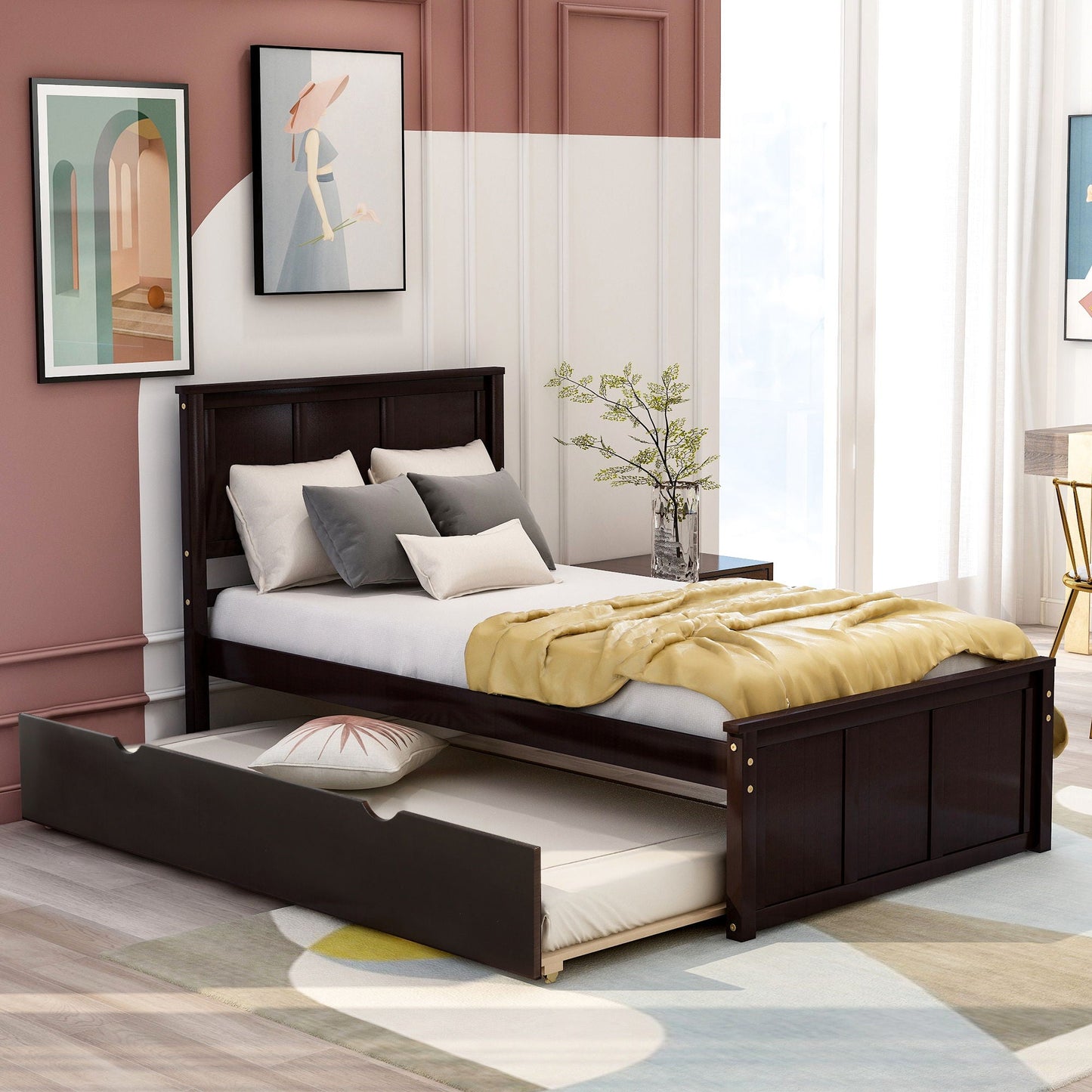 Platform Bed With Twin Trundle, Twin Size in Espresso finish with dark wood frame on Tampa Home & Garden Store
