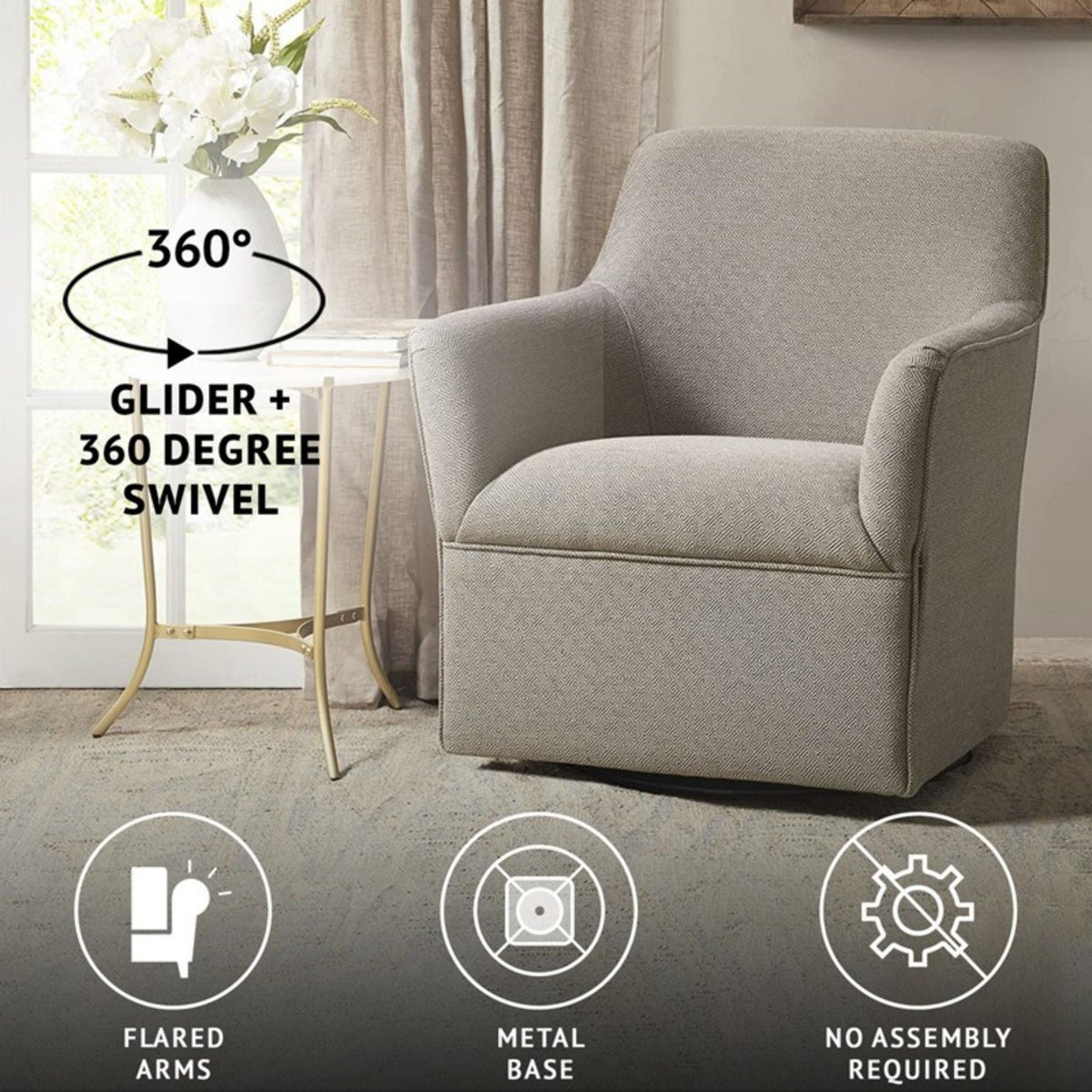 Swivel glider chair in beige-gray fabric with metal base, 360° rotation on Tampa Home & Garden Store
