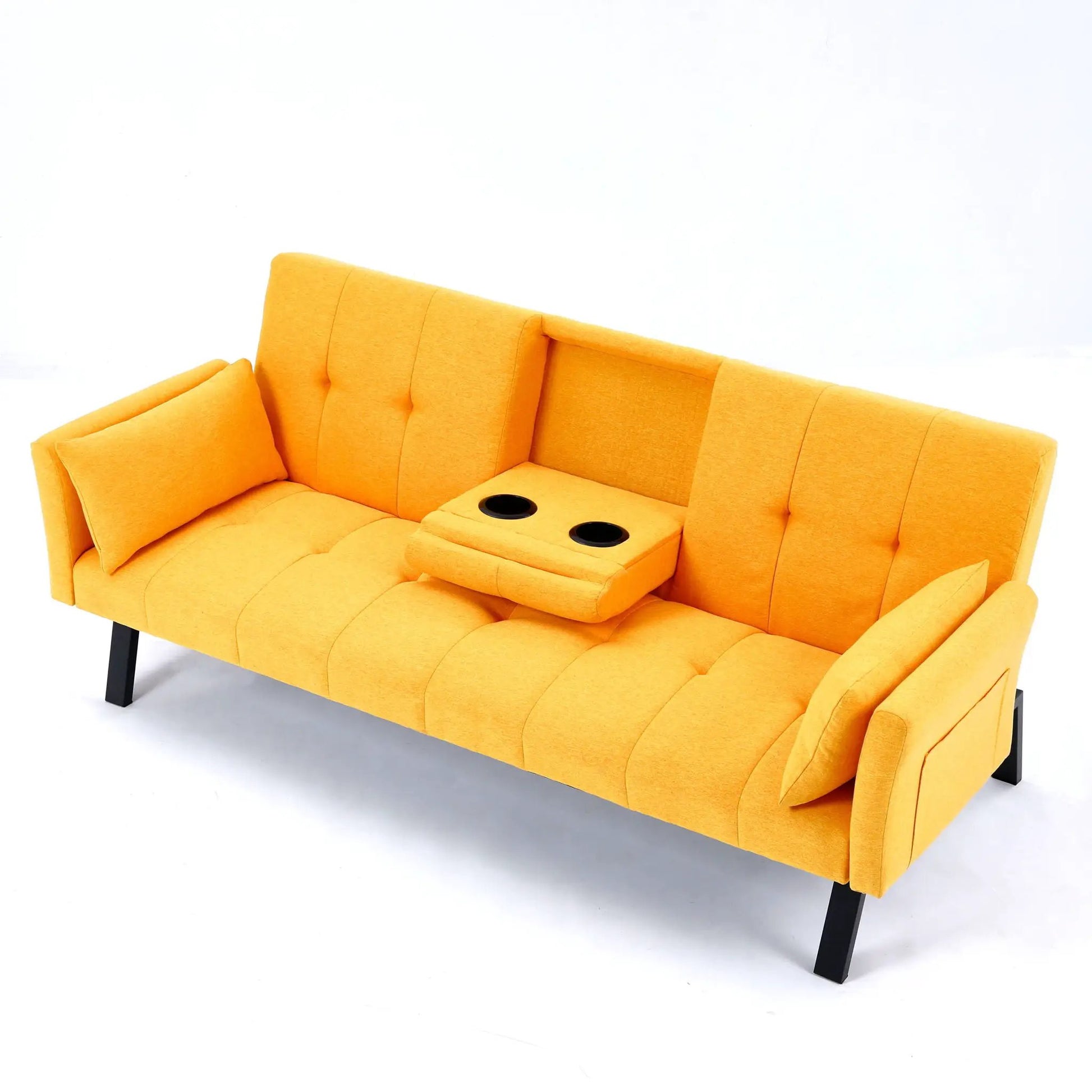 Sofa bed in orange with foldable design, cup holders and black metal legs on Tampa Home & Garden Store