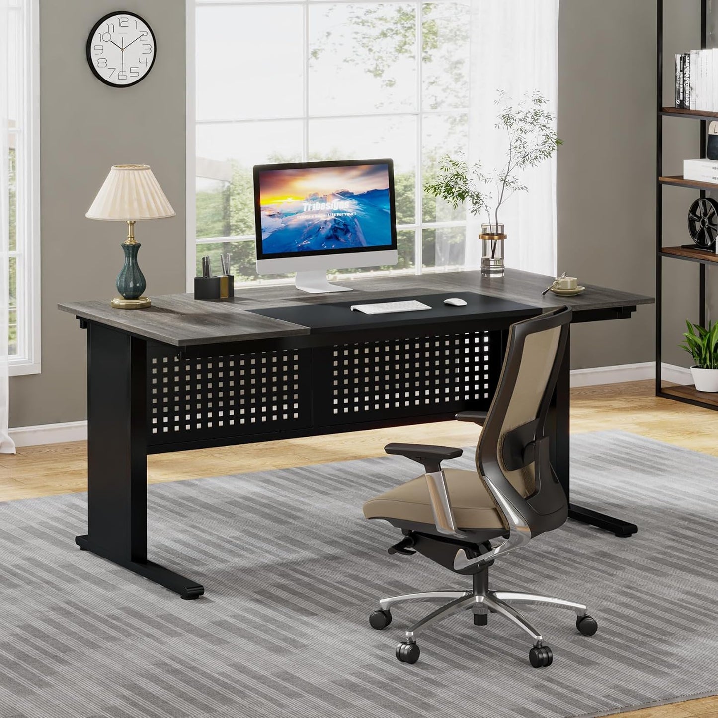 L-Shaped executive desk with file cabinet by HouseOfZazla, black frame and gray wood top on Tampa Home & Garden Store