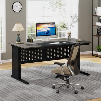 L-Shaped executive desk with file cabinet by HouseOfZazla, black frame and gray wood top on Tampa Home & Garden Store