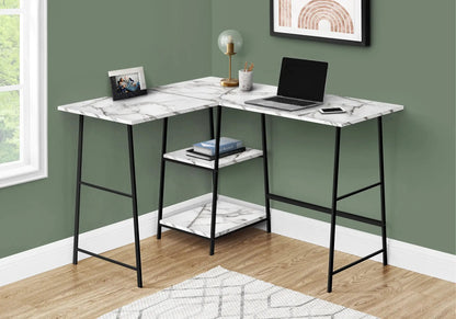Corner L-shaped computer desk with marble-look laminate, white/gray surface and black metal legs on Tampa Home & Garden Store