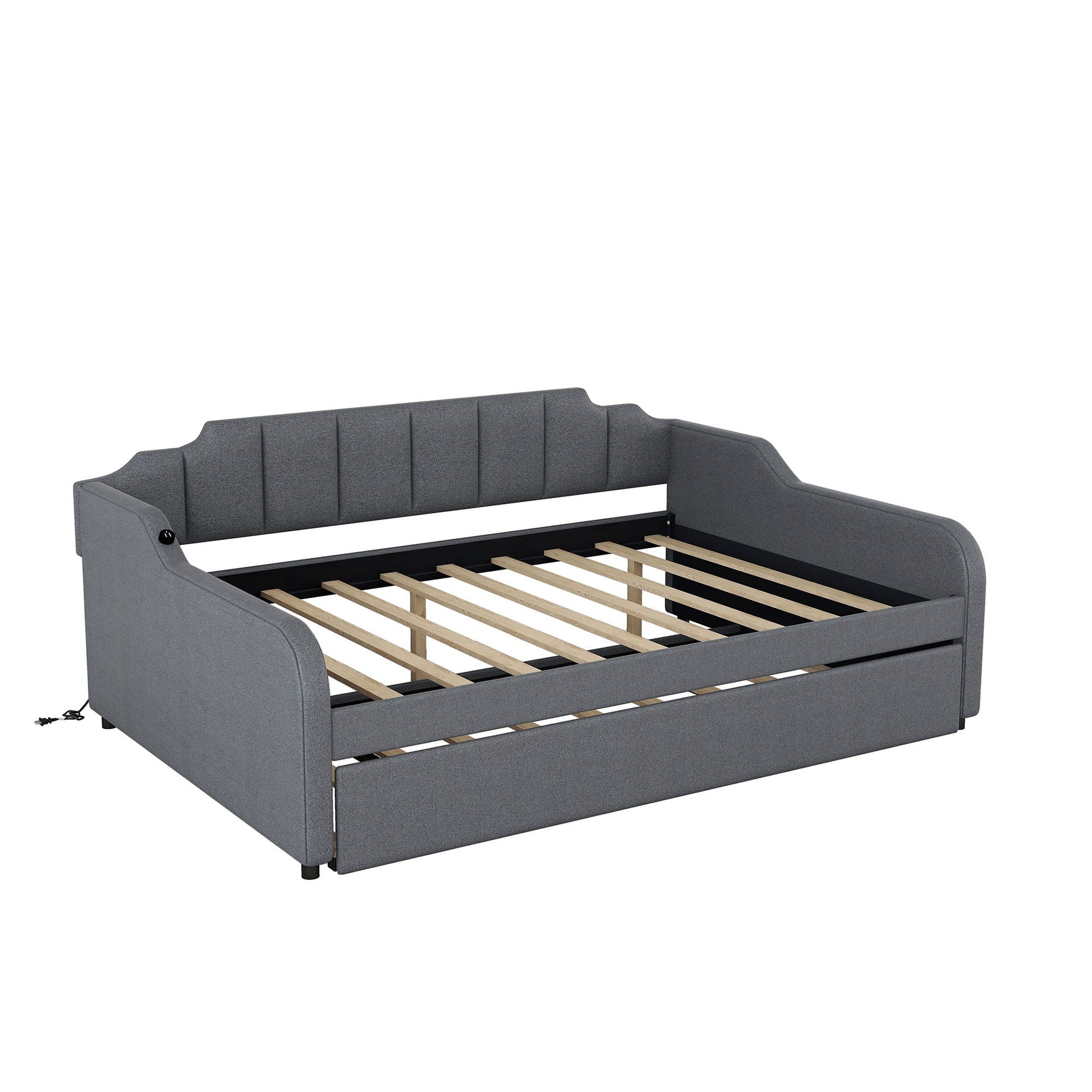 Gray full-size upholstered daybed with trundle and USB charging, tufted back, wood slat base on Tampa Home & Garden Store