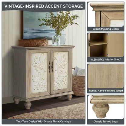 Driscoll 2-door cabinet with ornate floral carvings in a two-tone reclaimed natural wood finish on Tampa Home & Garden Store