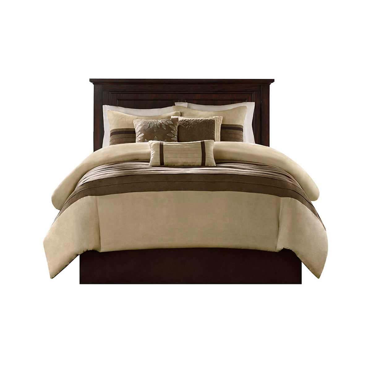 7 PC Faux Suede Comforter Set King beige/brown tone on dark wood bed by HouseOfZazla on Tampa Home & Garden Store