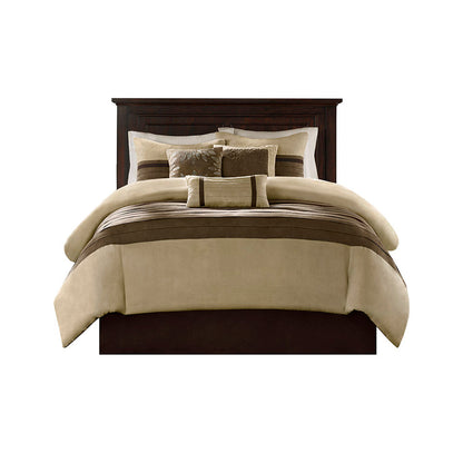 7 PC Faux Suede Comforter Set King beige/brown tone on dark wood bed by HouseOfZazla on Tampa Home & Garden Store