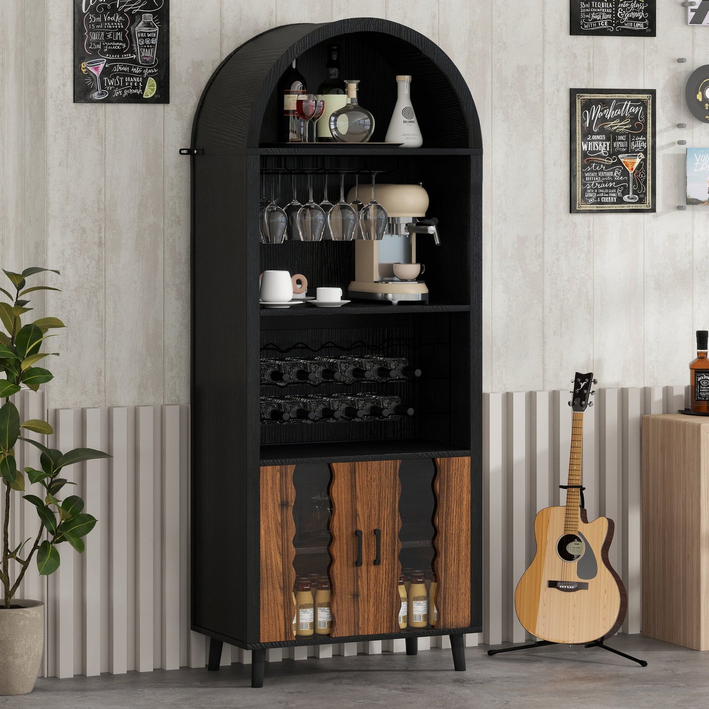 71' Farmhouse Arched Wine Bar Cabinet black woodgrain doors stores wine bottles and glassware on Tampa Home & Garden Store