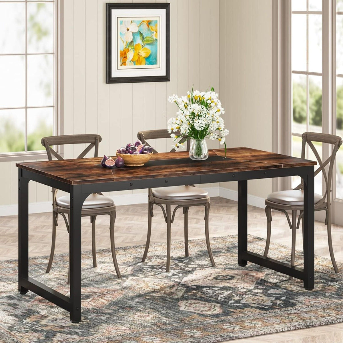 Rectangular dining table with brown wood top and black legs, X-back chairs, HouseOfZazla on Tampa Home & Garden Store