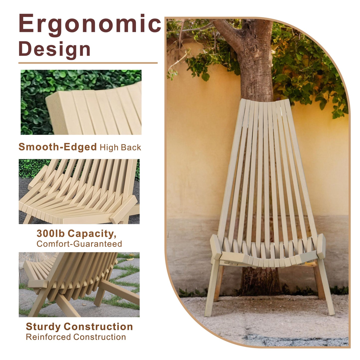 Folding Acacia Wood Outdoor Lounge Chair by HouseOfZazla, smooth-edged high-back patio seating on Tampa Home & Garden Store