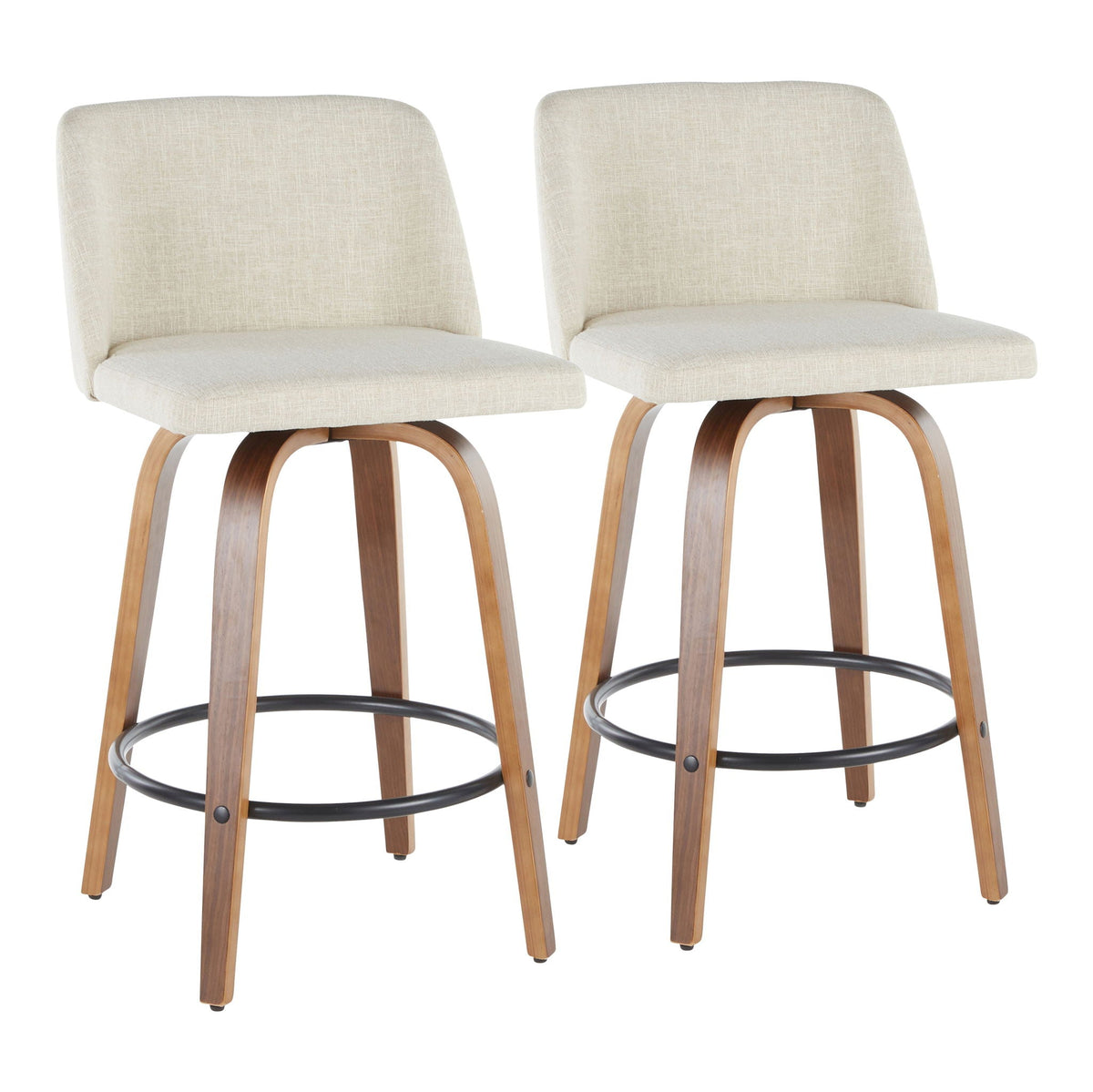 Mid-Century modern counter stools with padded beige seats, wood legs, metal foot ring pair on Tampa Home & Garden Store