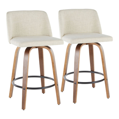 Mid-Century modern counter stools with padded beige seats, wood legs, metal foot ring pair on Tampa Home & Garden Store