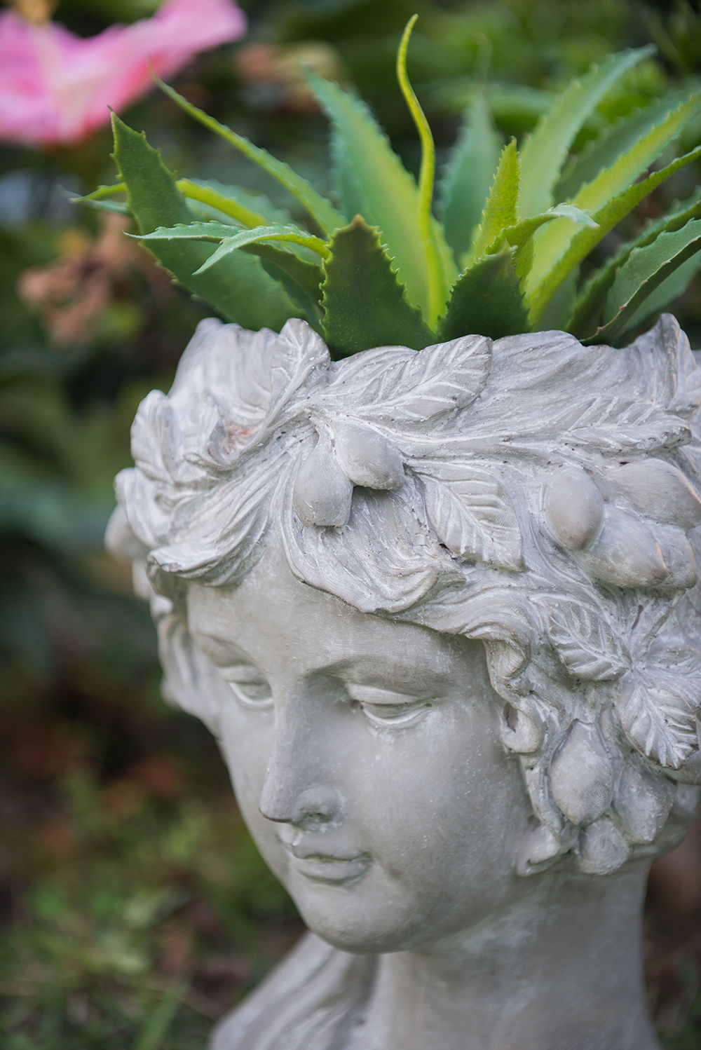 Cement bust wall planter in gray with a green succulent on Tampa Home & Garden Store