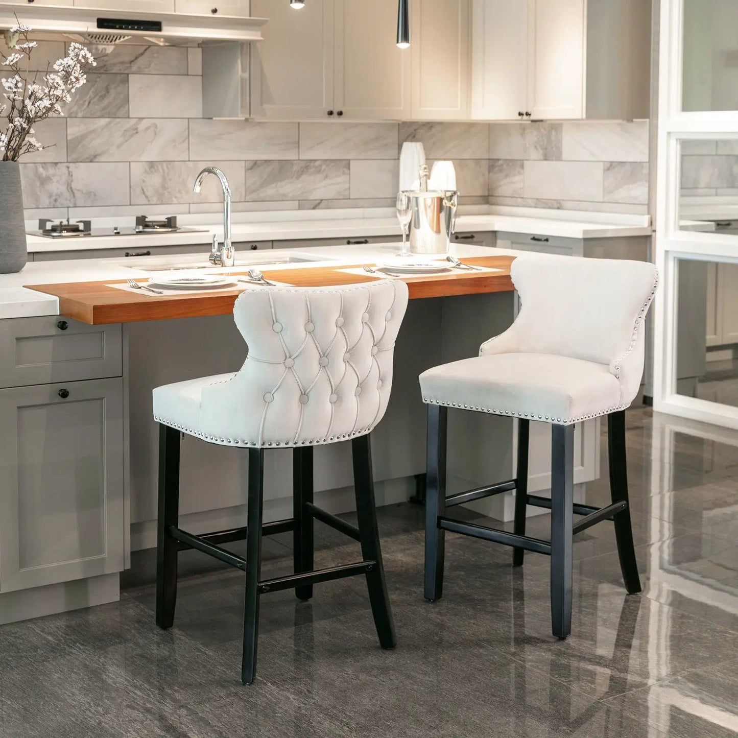 Contemporary Wing-Back Barstools with Tufting