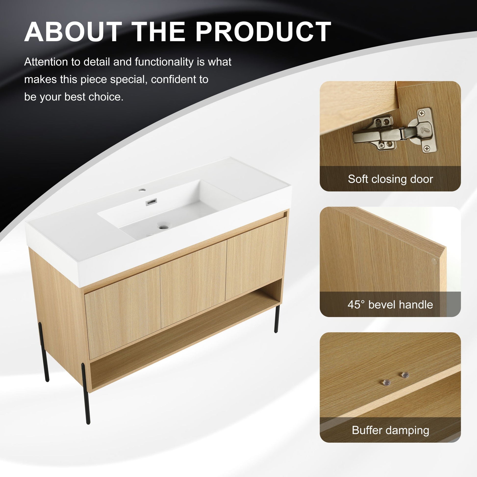 Modern bathroom vanity with single resin sink and oak wood cabinet with built in storage on Tampa Home & Garden Store