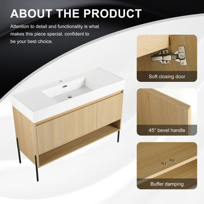 Modern bathroom vanity with single resin sink and oak wood cabinet with built in storage on Tampa Home & Garden Store