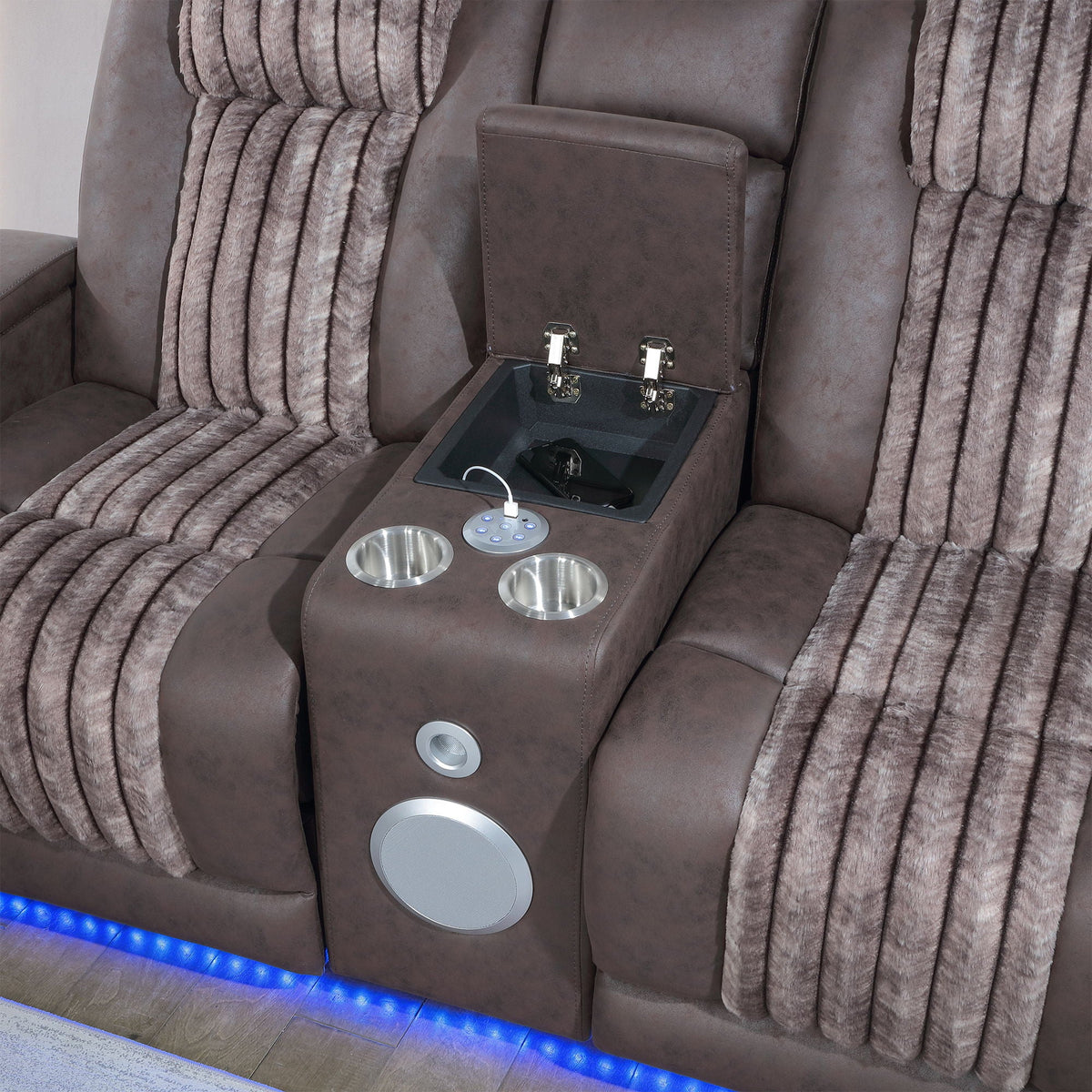 Power reclining loveseat HouseOfZazla with Bluetooth sound, brown faux leather, cup holders on Tampa Home & Garden Store