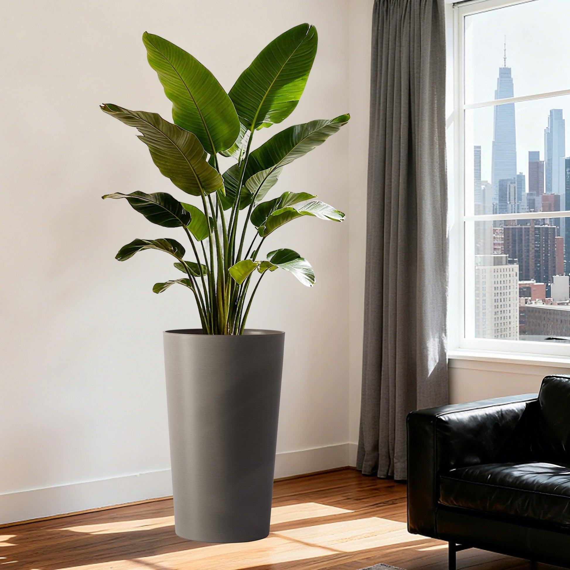 Planter For Outdoor tall grey planter with large green tropical leaves indoors by a window on Tampa Home & Garden Store