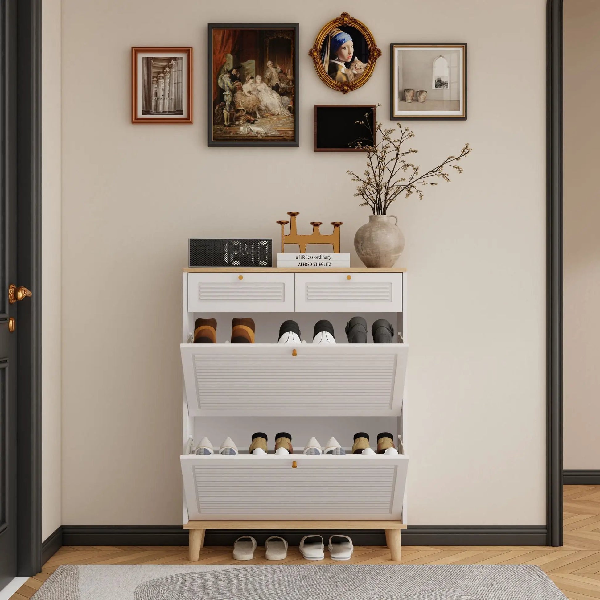 White natural shoe cabinet with flip-up doors and drawers, compact entryway storage on Tampa Home & Garden Store
