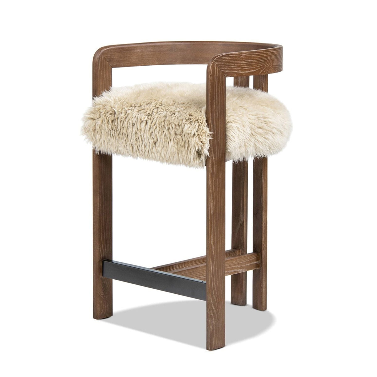 Low back counter stool with sheepskin fur seat in light brown wood HouseOfZazla on Tampa Home & Garden Store