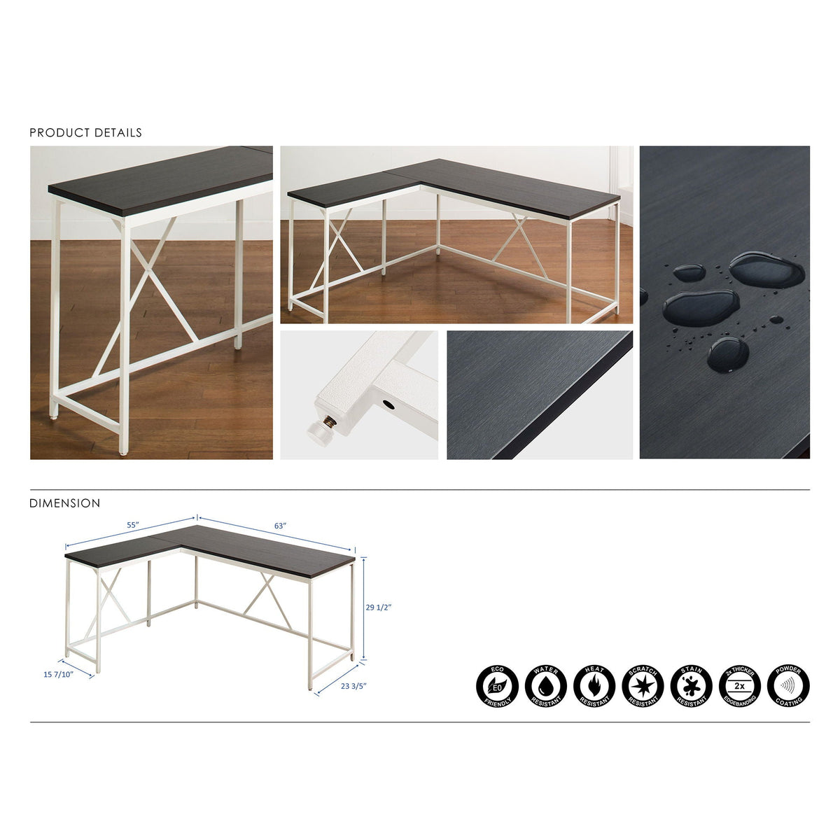 Olympus corner desk with dark gray eco-friendly board and white metal legs, L-shaped design on Tampa Home & Garden Store
