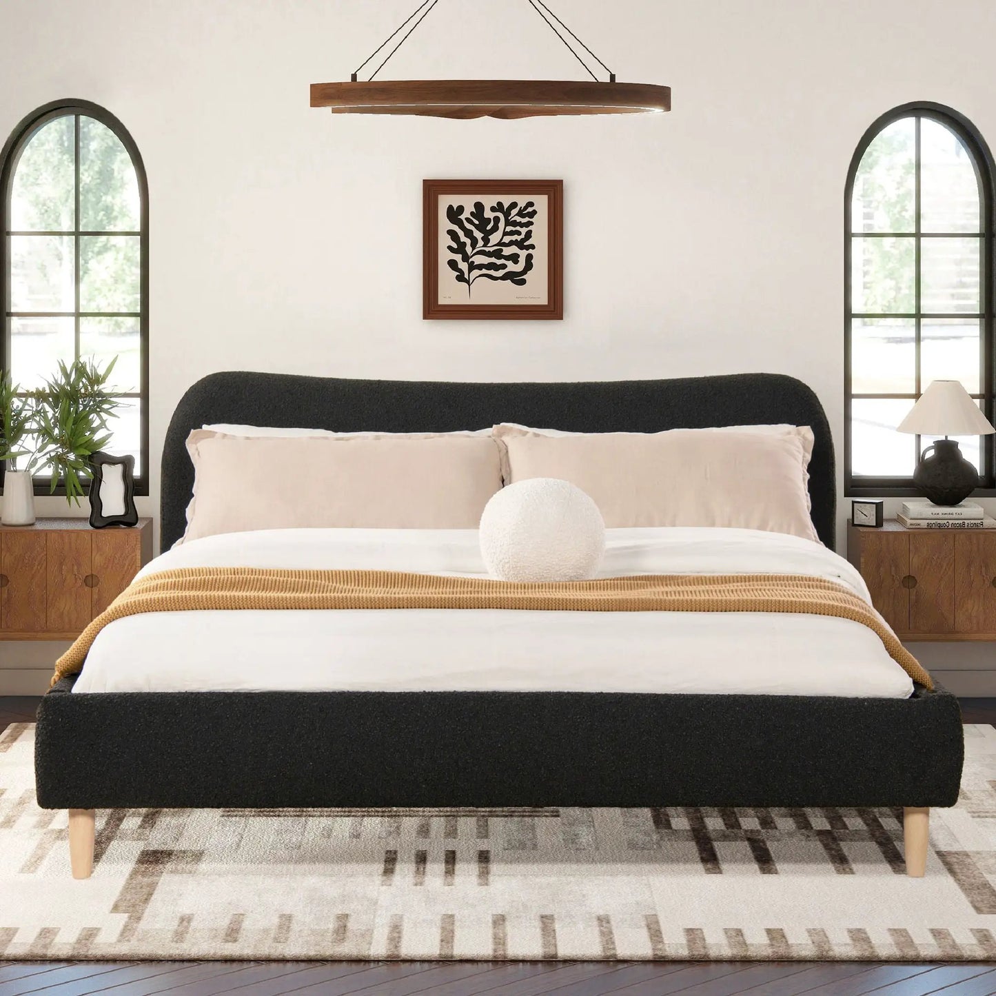 Roman Curved Headboard Upholstered Platform Bed with black fabric headboard and wood legs on Tampa Home & Garden Store