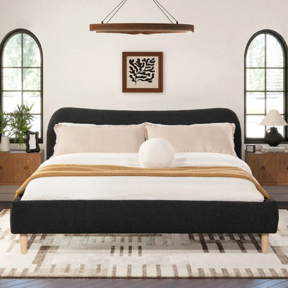 Roman Curved Headboard Upholstered Platform Bed with black fabric headboard and wood legs on Tampa Home & Garden Store