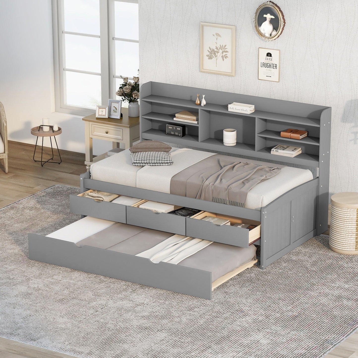 Captain Bed with built-in bookshelves and trundle, 3 storage drawers in gray finish on Tampa Home & Garden Store