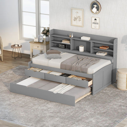 Captain Bed with built-in bookshelves and trundle, 3 storage drawers in gray finish on Tampa Home & Garden Store