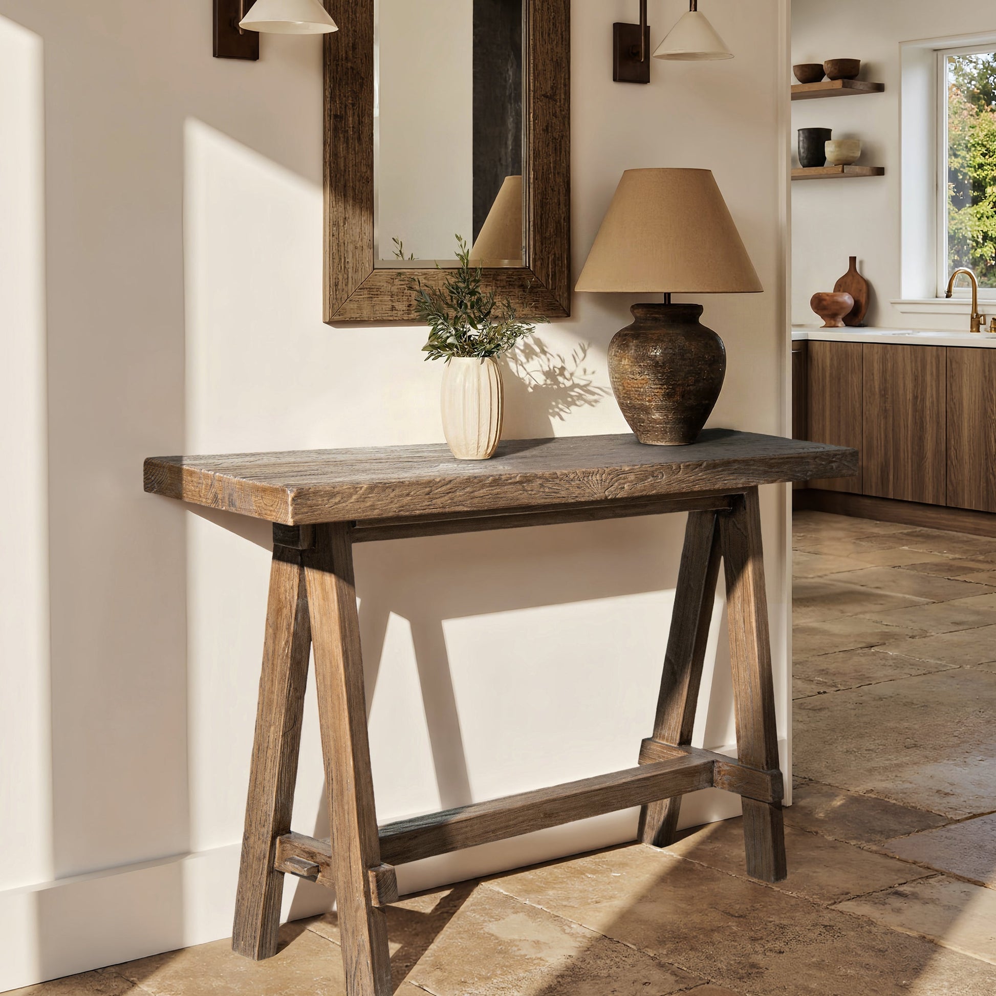 Hawthorne 60'' solid reclaimed elm trestle console table rustic wood finish by HouseOfZazla on Tampa Home & Garden Store