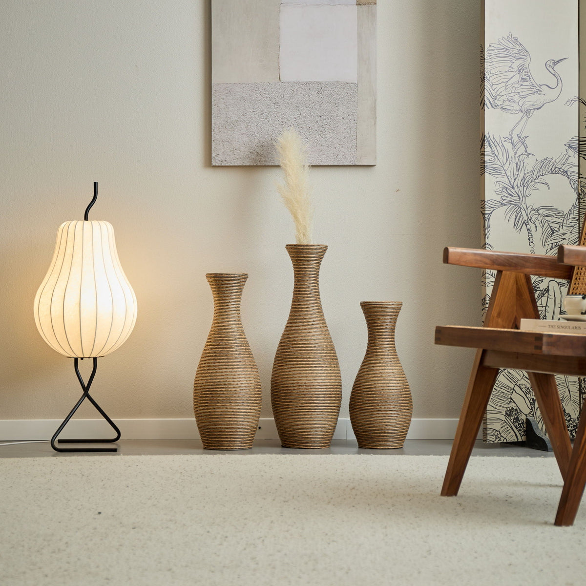 3-Piece Beige Artificial Rattan Floor Vase Set with Tall Tapered Weave Vases on Tampa Home & Garden Store
