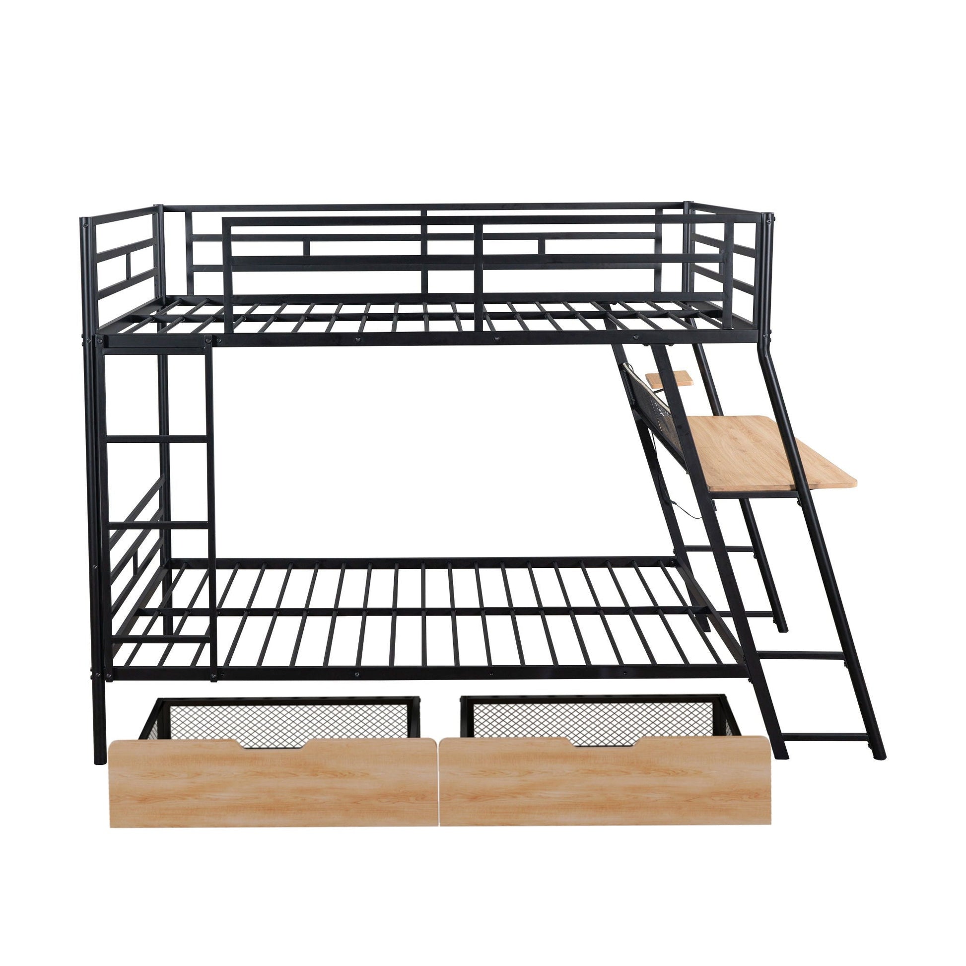 Full size bunk bed frame in black metal with built-in desk and two drawers, side ladder on Tampa Home & Garden Store