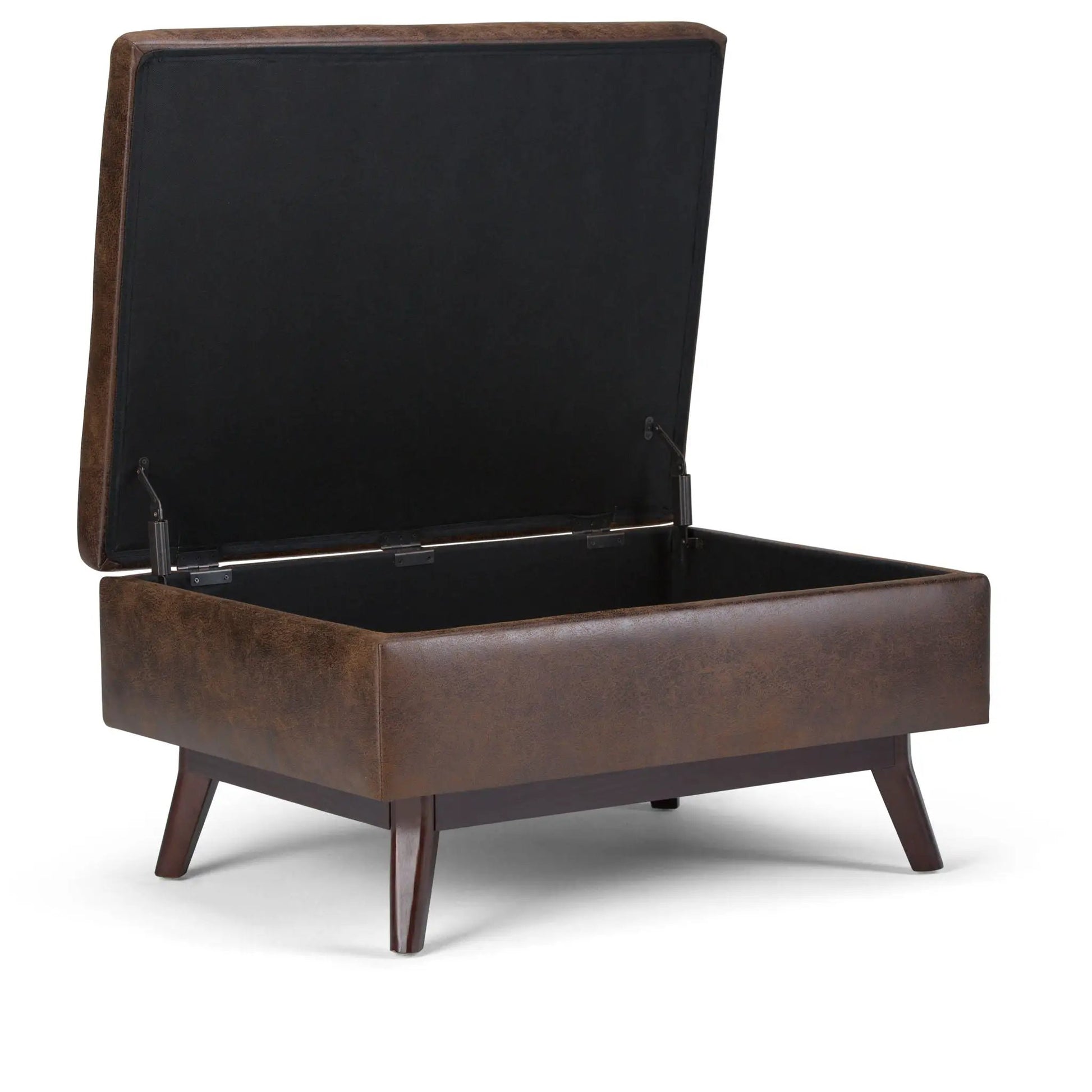 Owen upholstered rectangular storage ottoman in brown leather with wood legs and lid open, black interior on Tampa Home & Garden Store