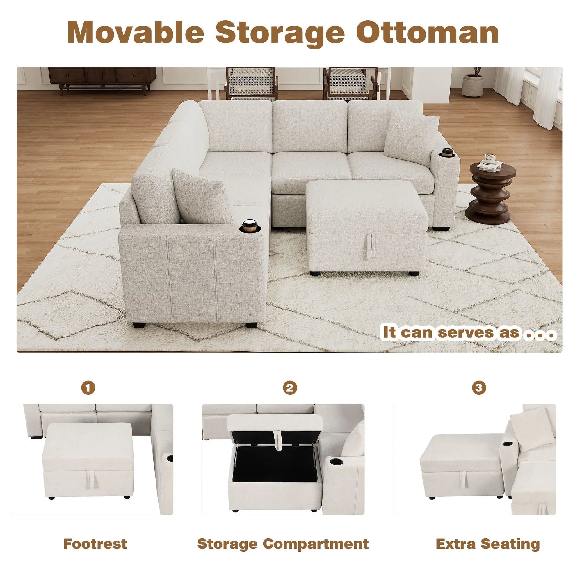 Sectional sofa beige fabric with movable storage ottoman and pull-out bed in living room on Tampa Home & Garden Store