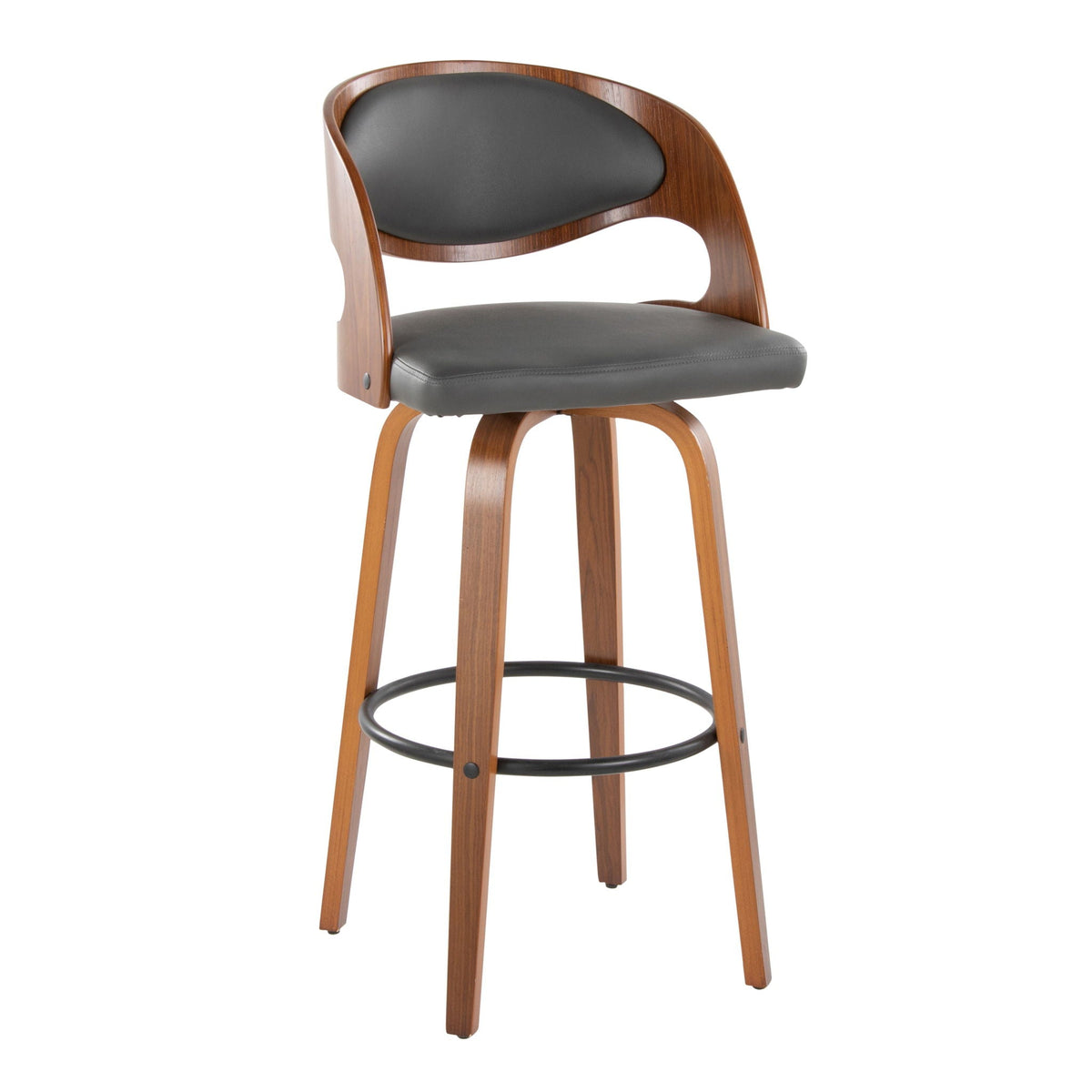 Mid-Century modern barstool with gray cushions, curved wood frame and swiveling footrest on Tampa Home & Garden Store