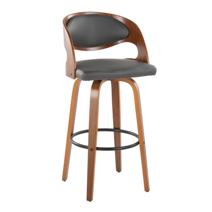 Mid-Century modern barstool with gray cushions, curved wood frame and swiveling footrest on Tampa Home & Garden Store
