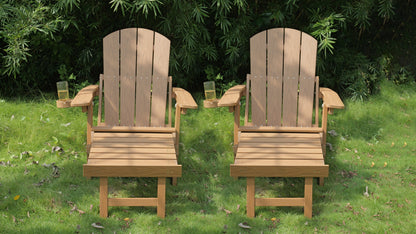 Outdoor Adirondack chair set of 2 in natural wood with cup holders on the arms on a deck on Tampa Home & Garden Store