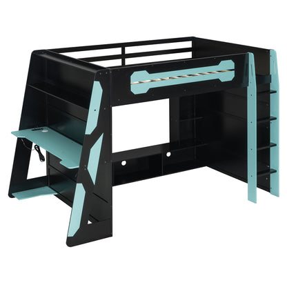 Full size wood loft bed with desk, black frame and turquoise accents on Tampa Home & Garden Store