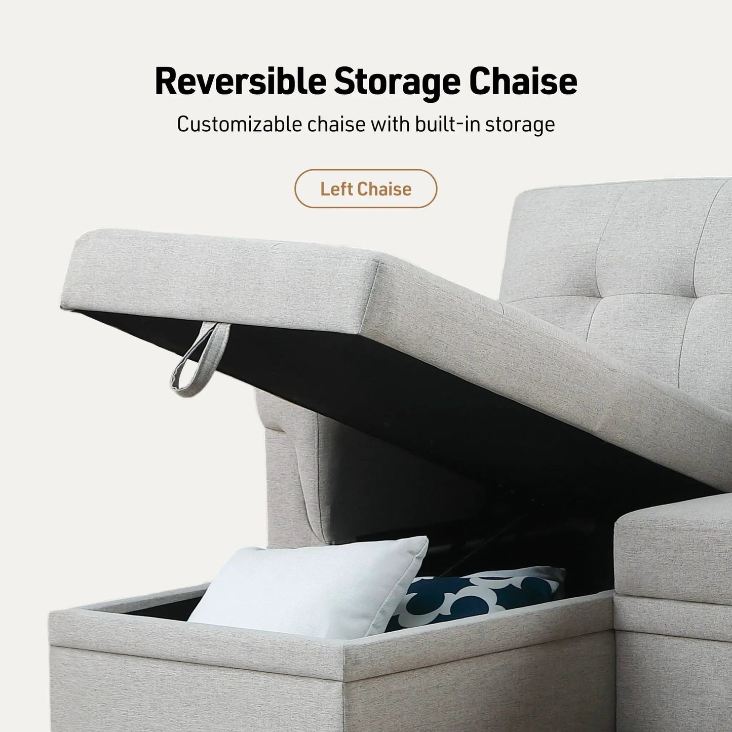 Lucca reversible sleeper sectional sofa with storage chaise in light gray fabric on Tampa Home & Garden Store