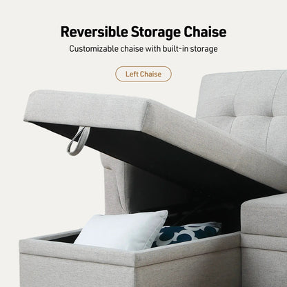Lucca reversible sleeper sectional sofa with storage chaise in light gray fabric on Tampa Home & Garden Store