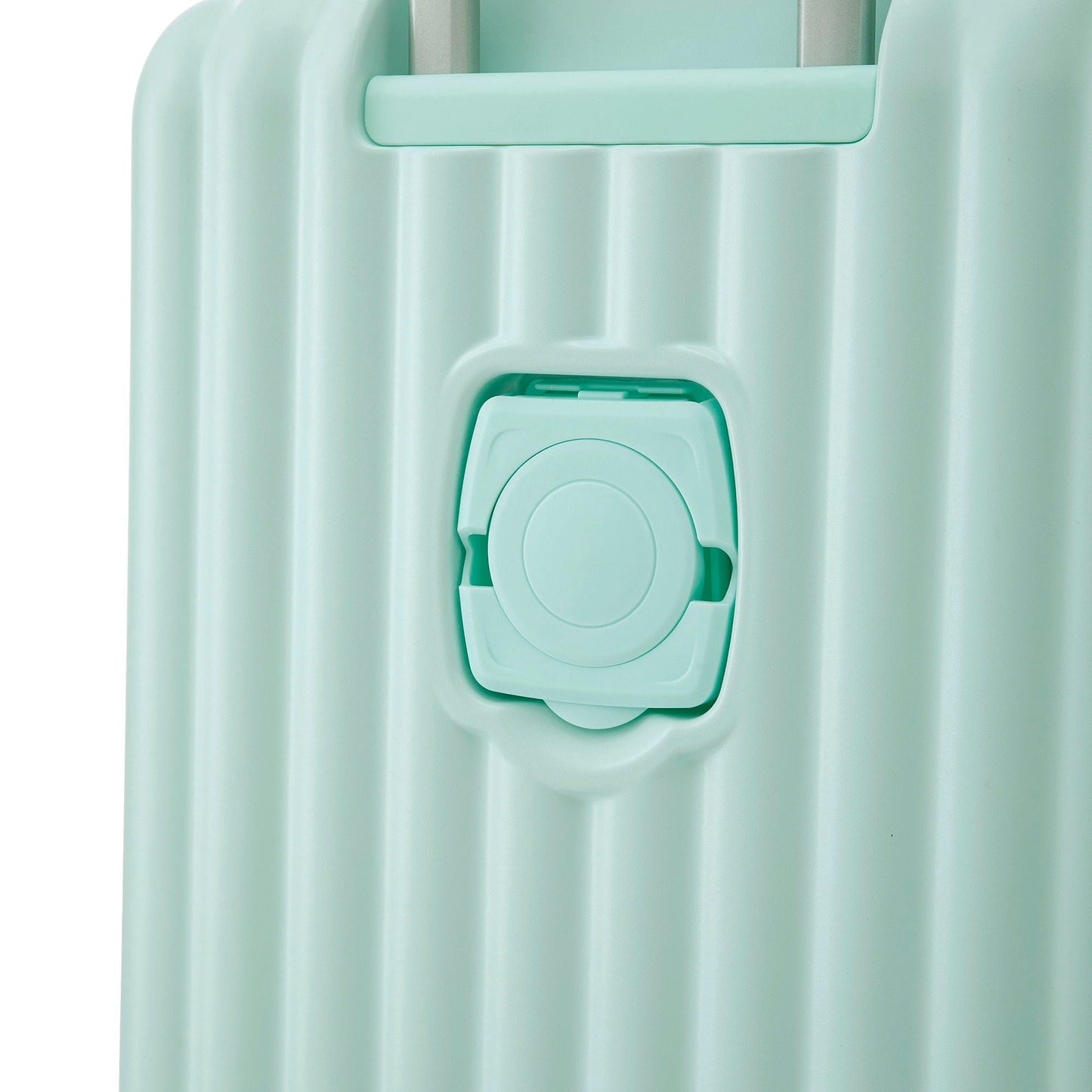 3-piece mint green spinner luggage set closeup of latch and wheel area carry-on on Tampa Home & Garden Store